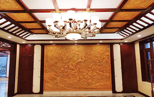 固安中式别墅客厅中式木作横梁吊顶装饰展示